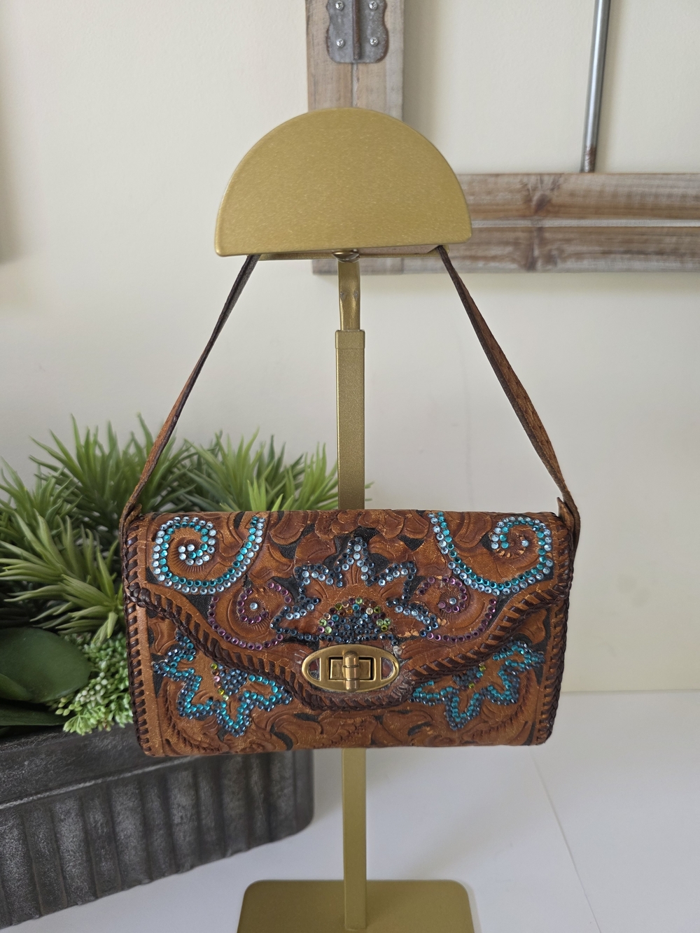 Vintage Roth & Madge Swarovski Crystal Tooled Leather Mini Bag Wristlet - Picture 3 of 17